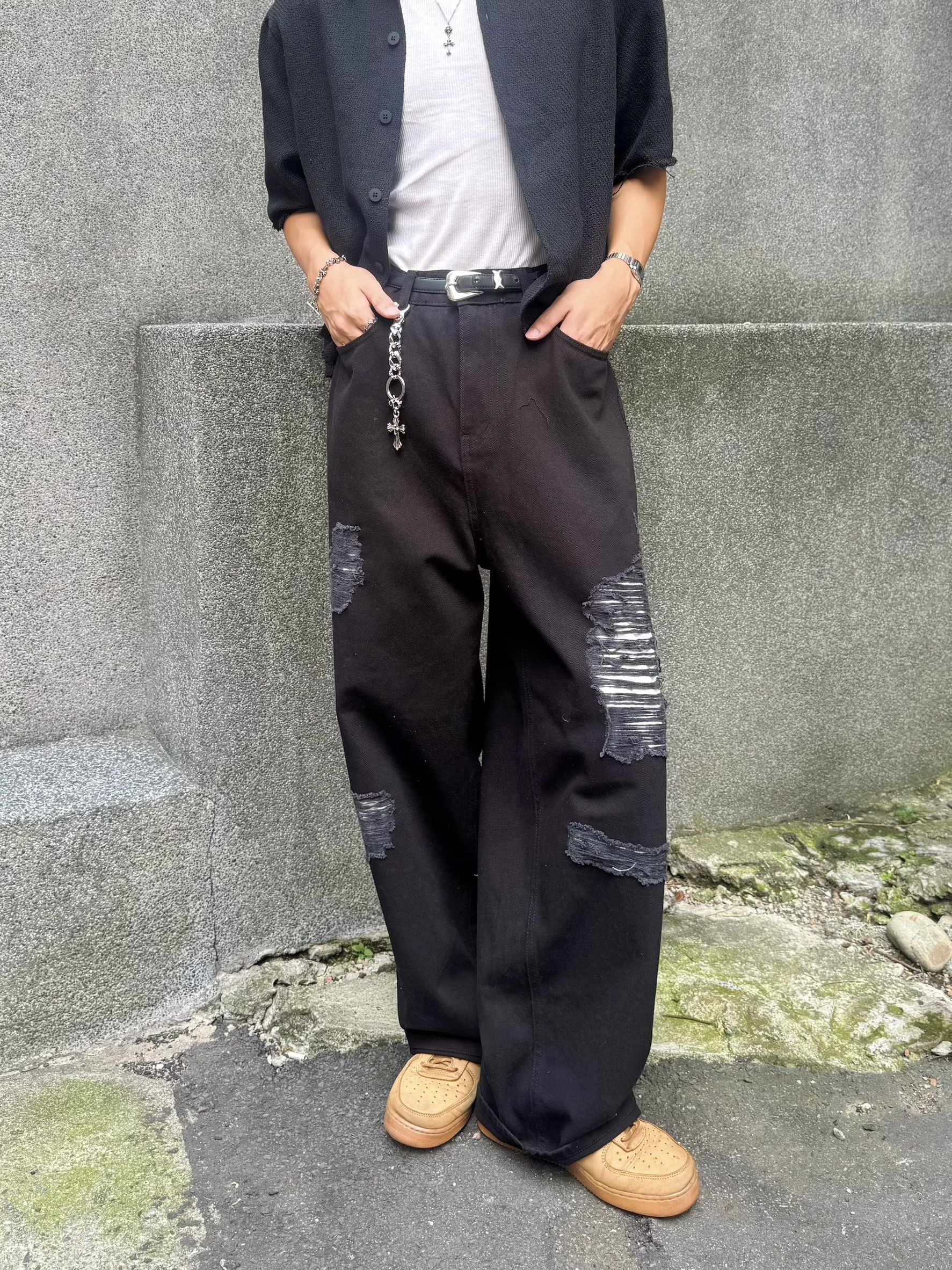 破壞撞色層次水洗牛仔褲