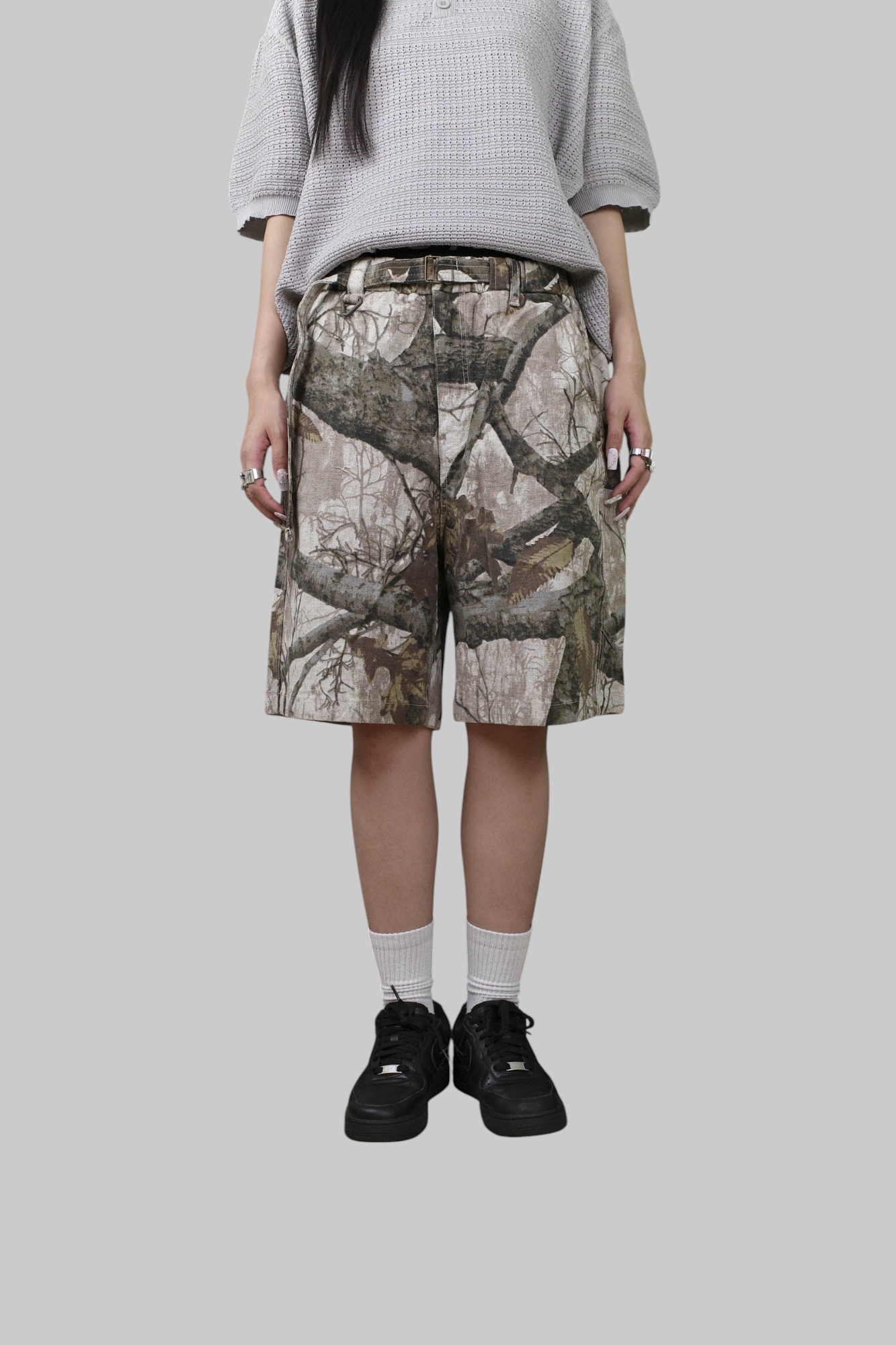 『Always_Good』樹紋 枯葉 迷彩 亞麻 短褲