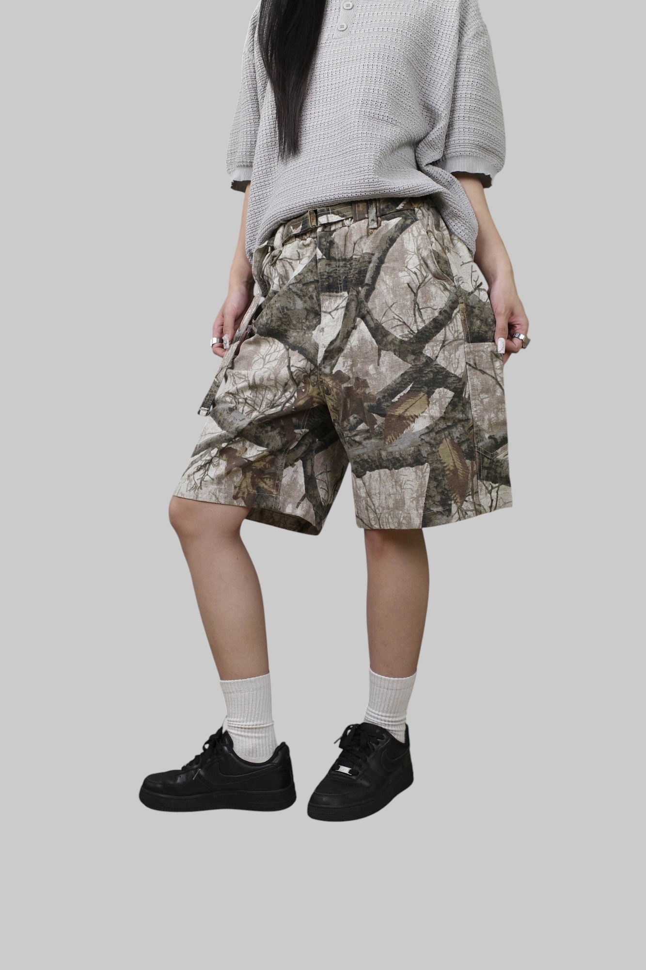 『Always_Good』樹紋 枯葉 迷彩 亞麻 短褲