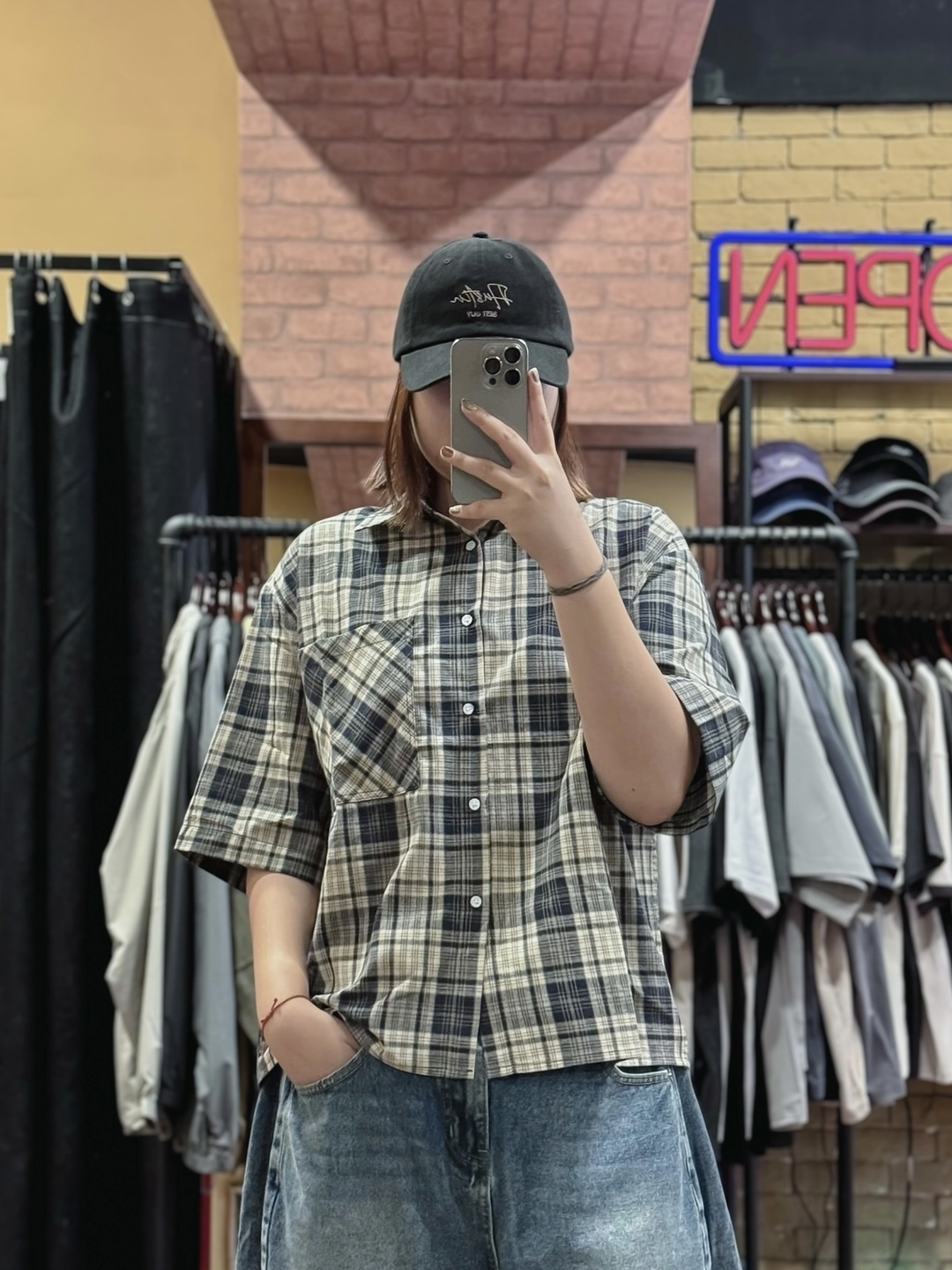 學院風BOXY寬短格紋襯衫