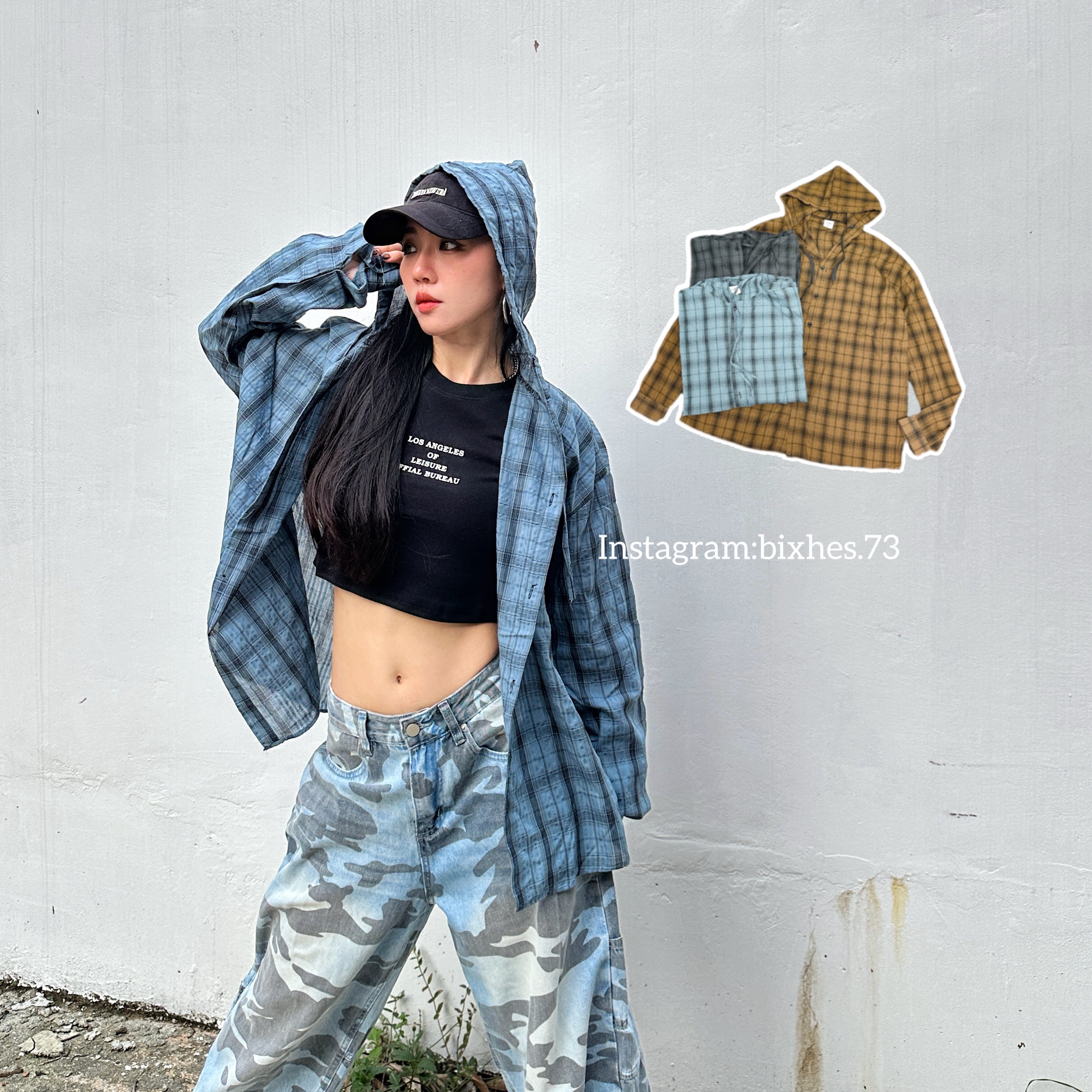 連帽防曬格紋長袖襯衫(G00015)