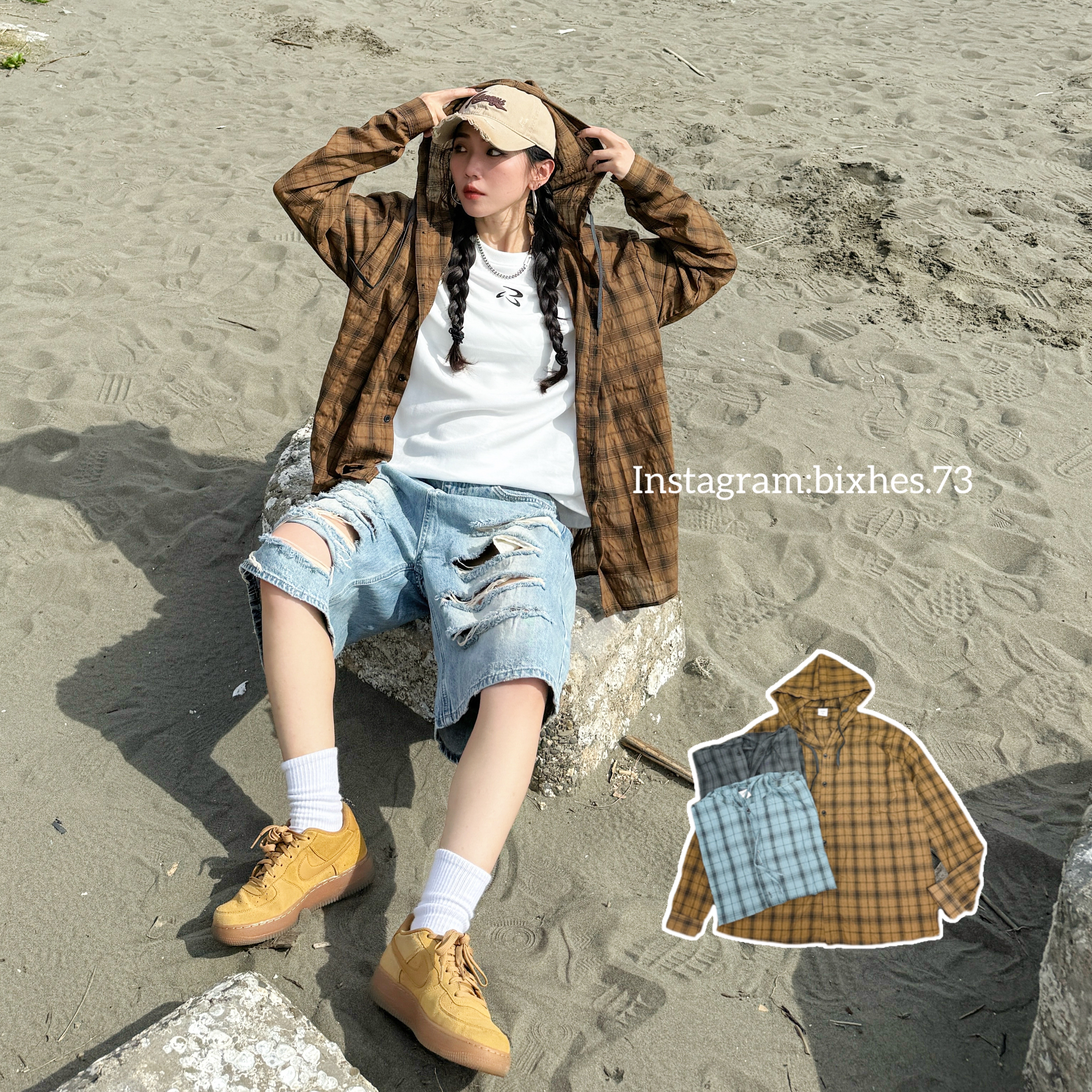 連帽防曬格紋長袖襯衫(G00015)