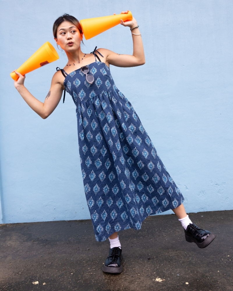 印度蓋染工藝親膚純棉 細肩洋裝 - 浪花藍