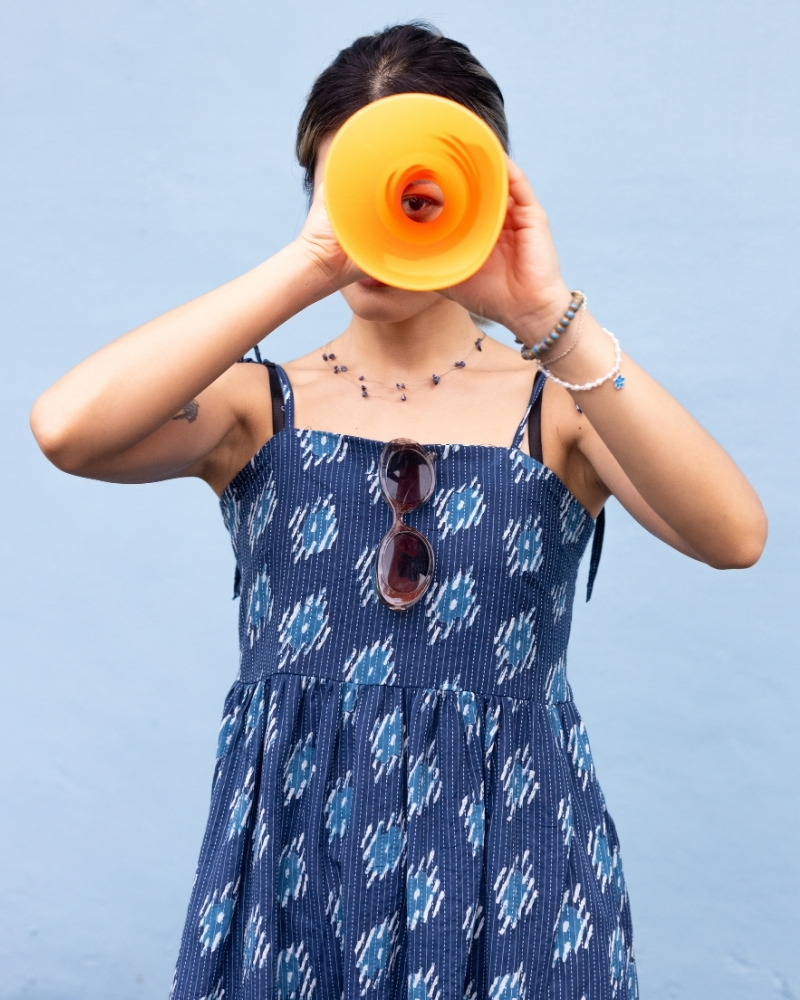 印度蓋染工藝親膚純棉 細肩洋裝 - 浪花藍