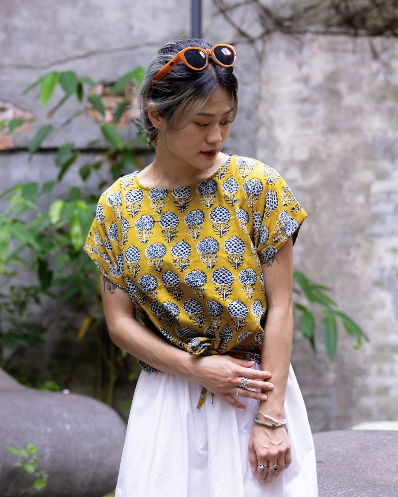 印度蓋染工藝親膚純棉 打結上衣 - 蒲公英黃