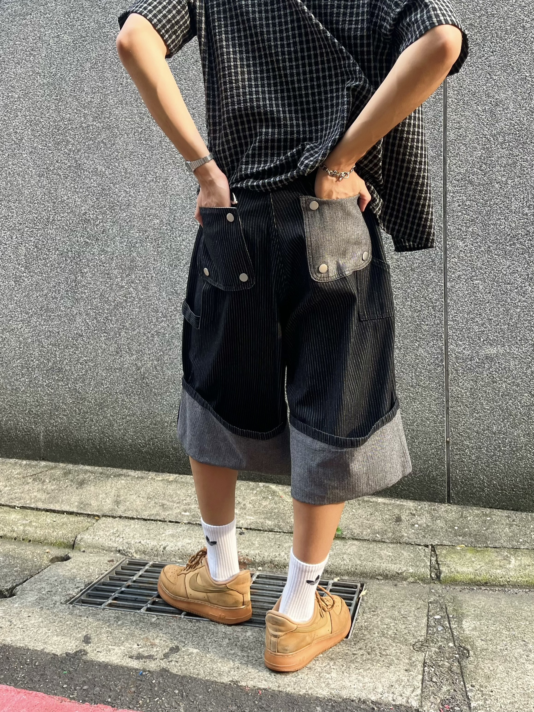 直條紋後拆口袋七分褲