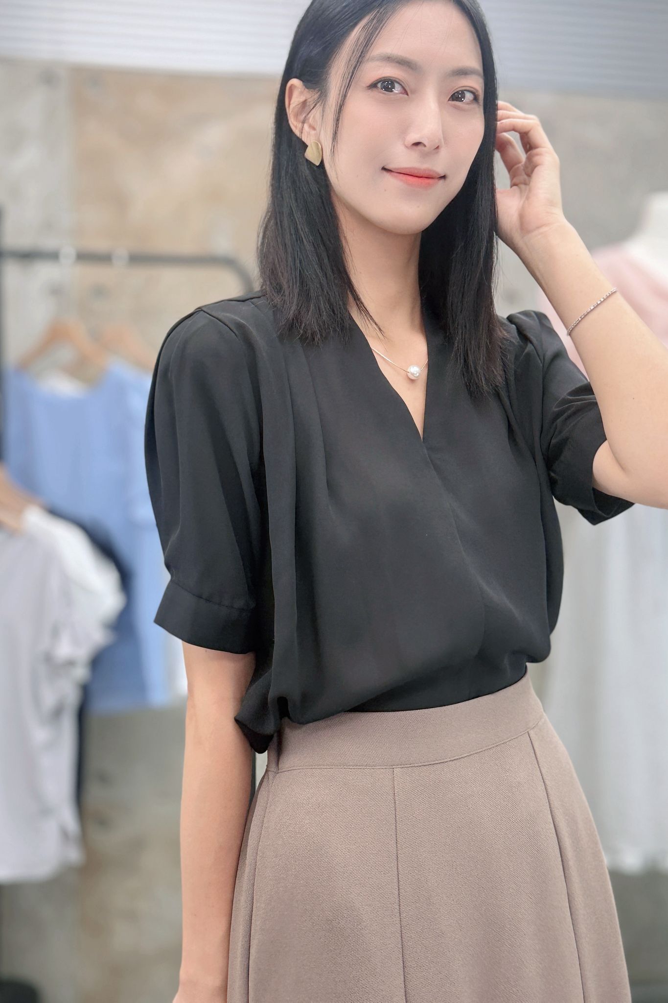 TOP#7635 🤍鎖骨珍珠淡奢雪紡