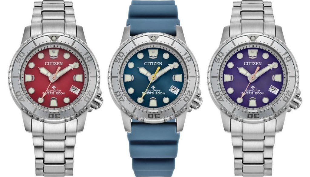 Citizen 星辰 Promaster Dive EO2027-50X Purple 紫色 . E02027-50Z Red 紅色 , EO2027-09L Dive Blue Dial Polyurethane Strap, 藍色錶盤合成橡膠錶帶, Eco-Drive Stainless Steel Lady Watch 光動能不銹鋼女士手錶