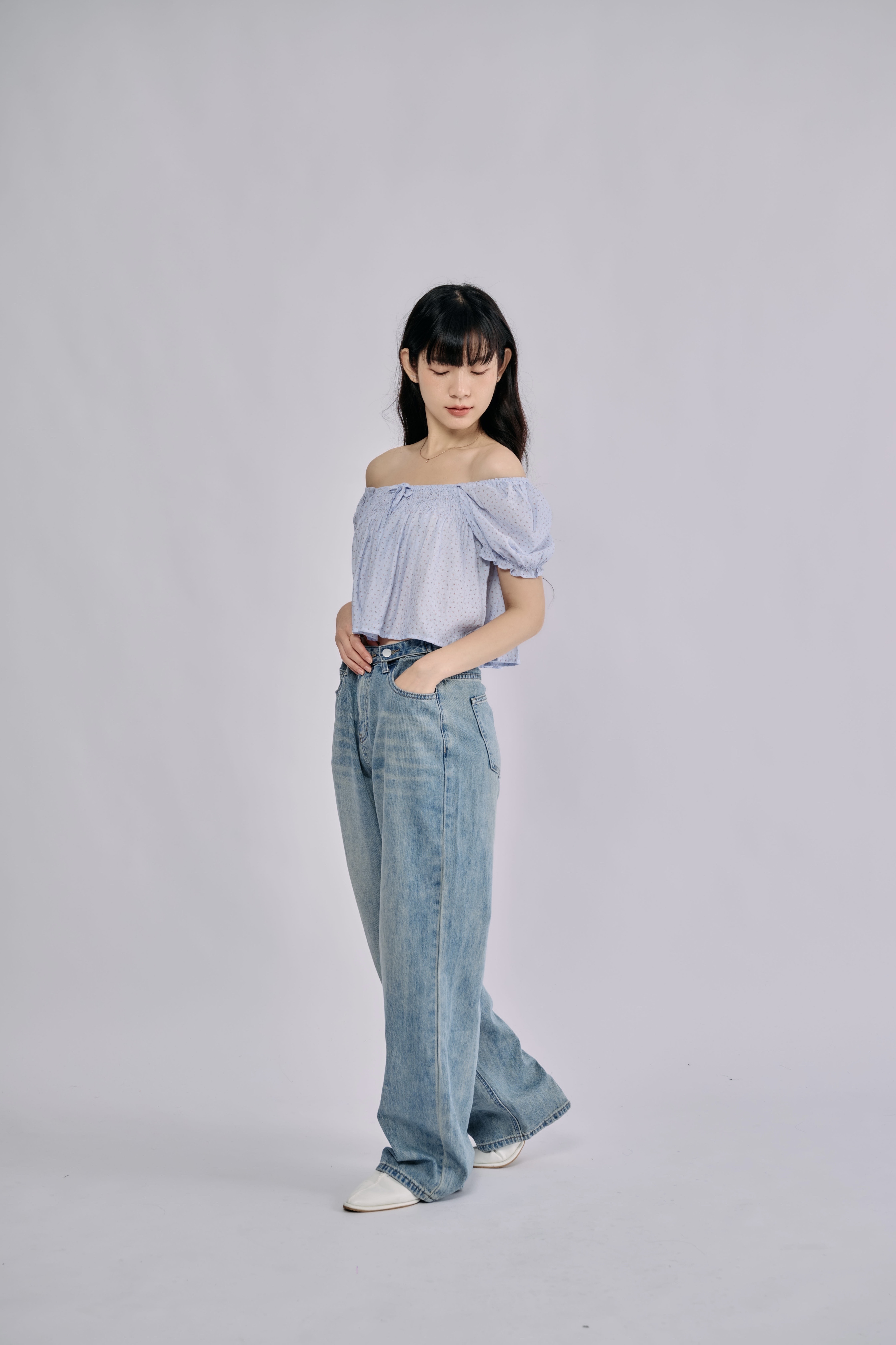 兩穿碎花公主袖上衣（藍）