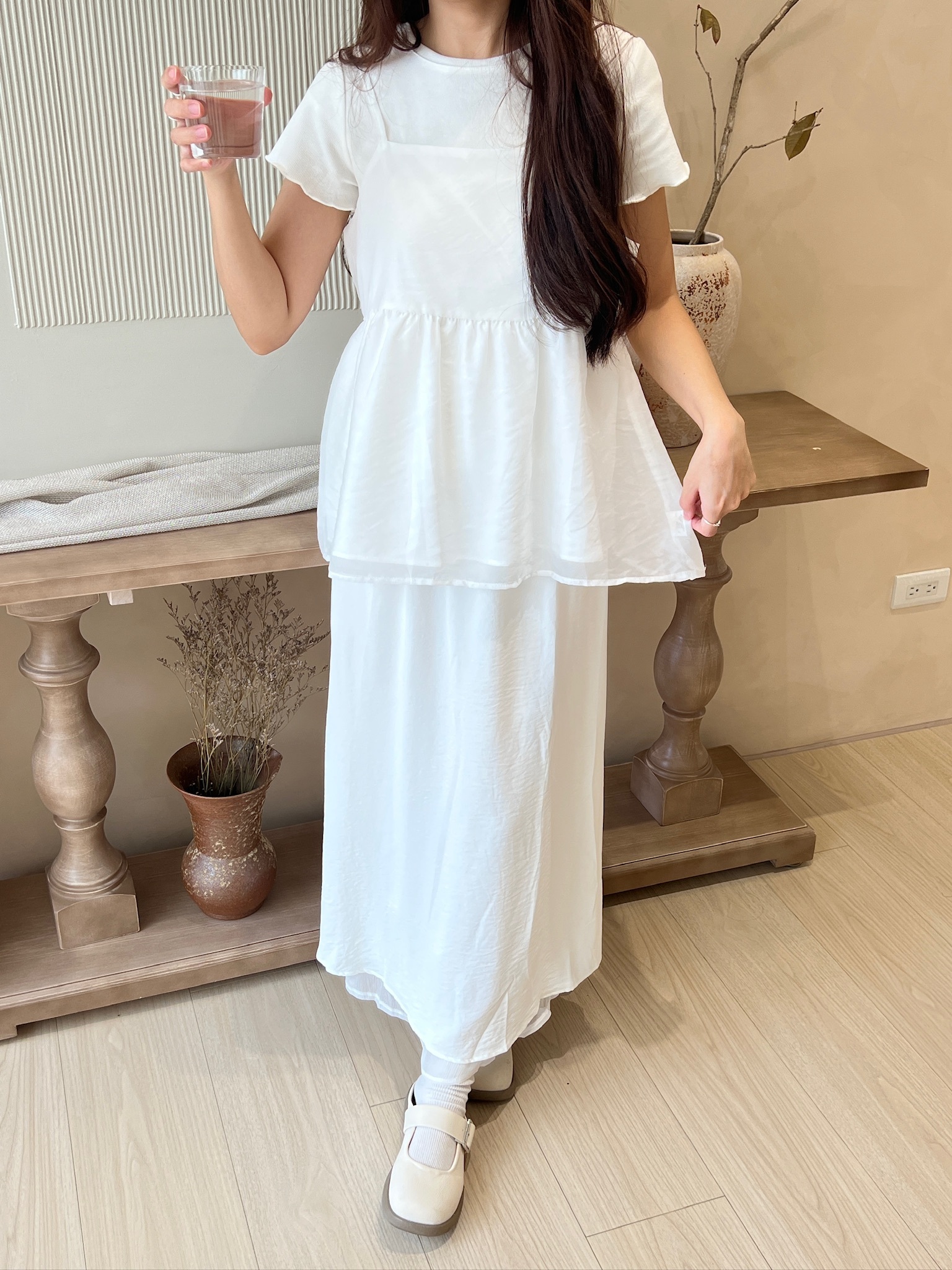 側綁帶雙層雪紡長裙