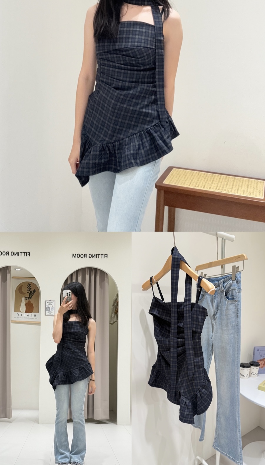 復古格紋翻領細肩上衣