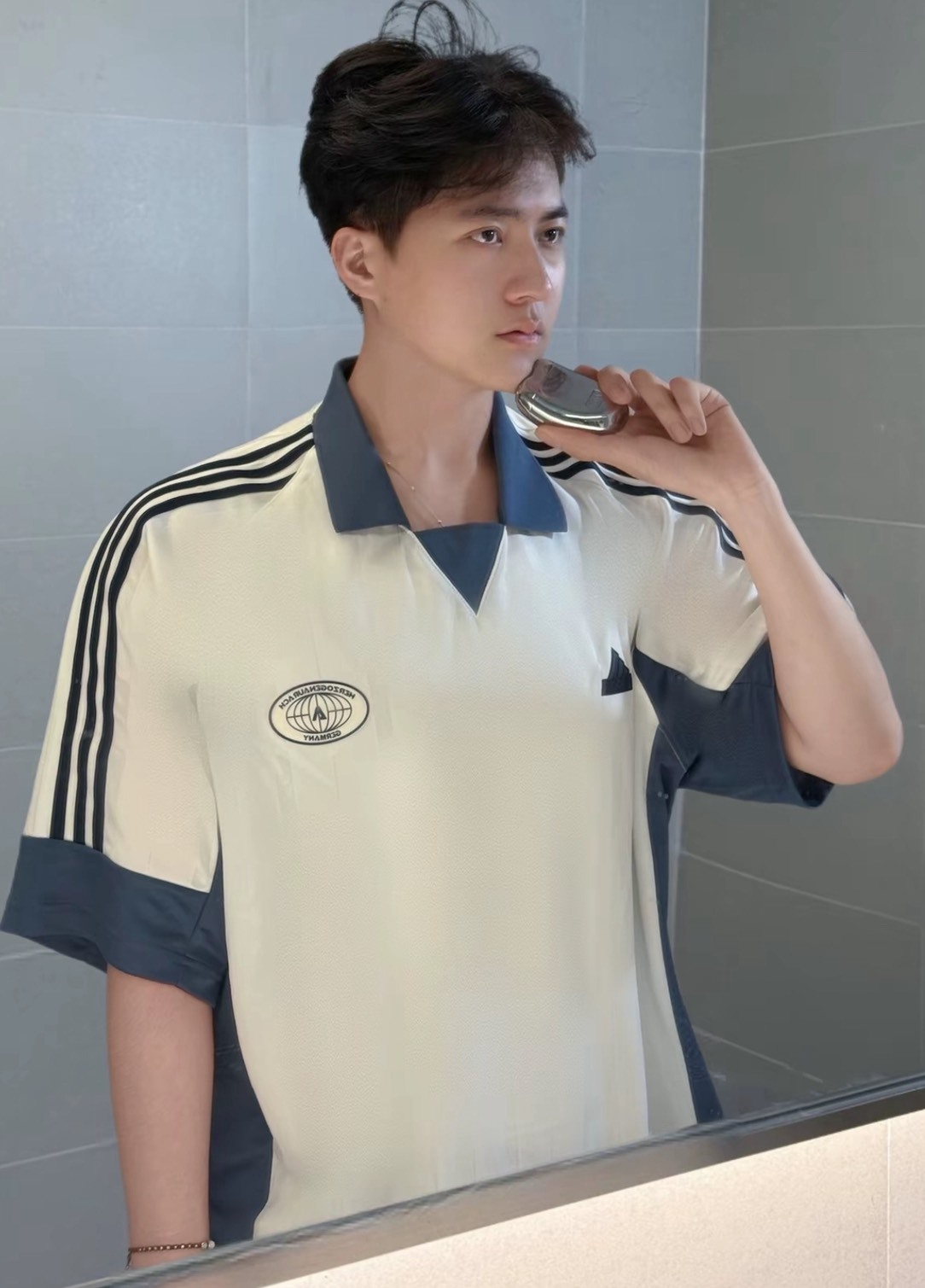 adidas Polo衫 漢玉白 男款 運動休閒翻領 拼色條紋短袖 上衣 Aug25