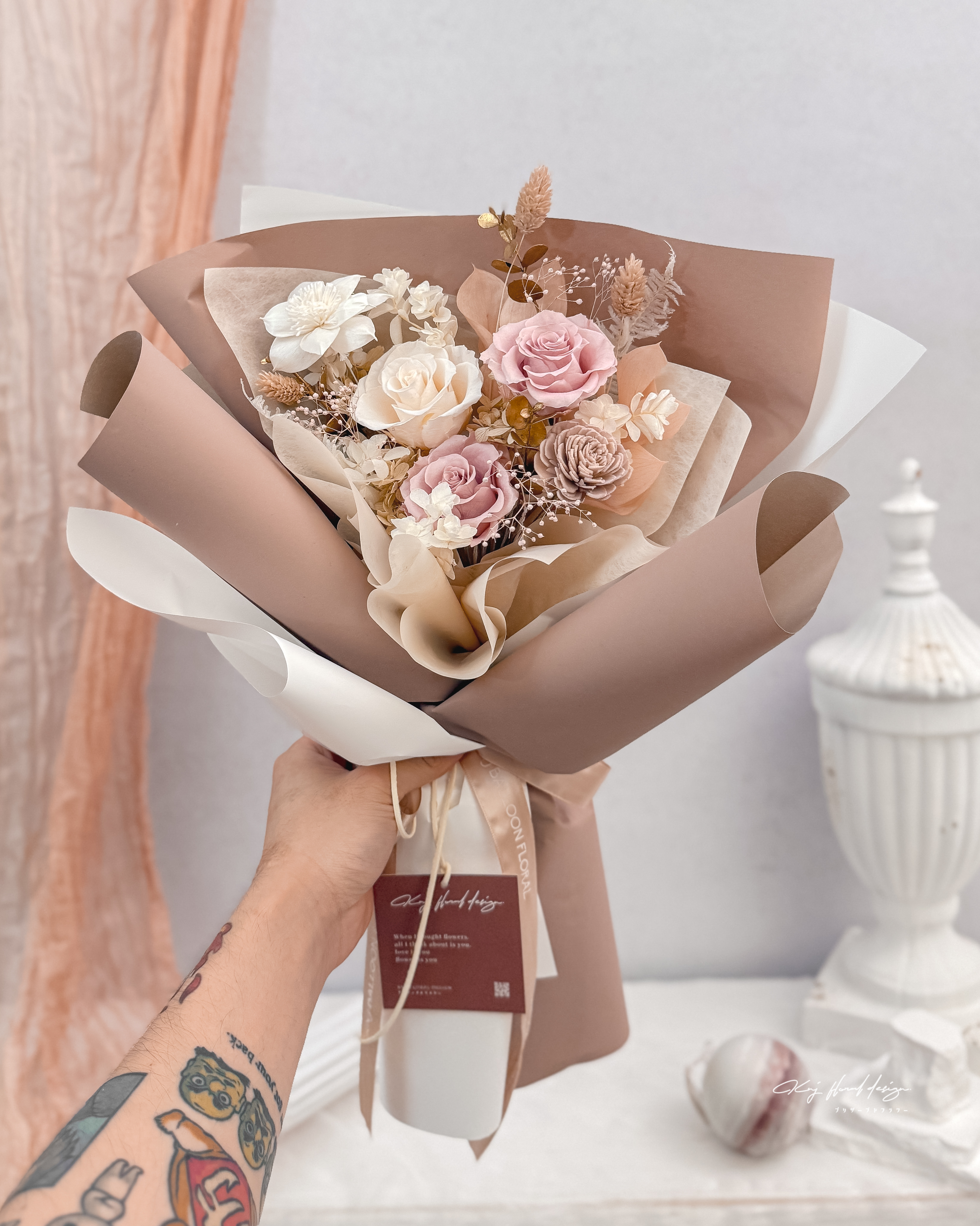 朦朧粉金・三朵永生玫瑰花束