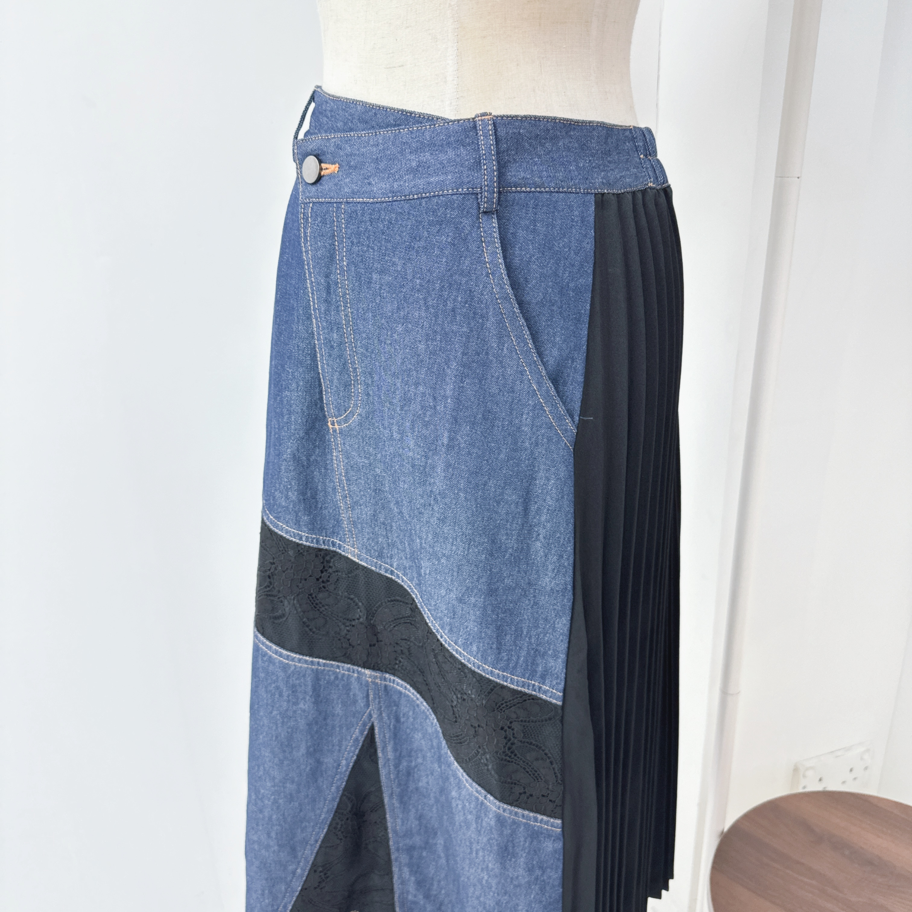 【廠家制】拼百摺Lace牛仔半裙