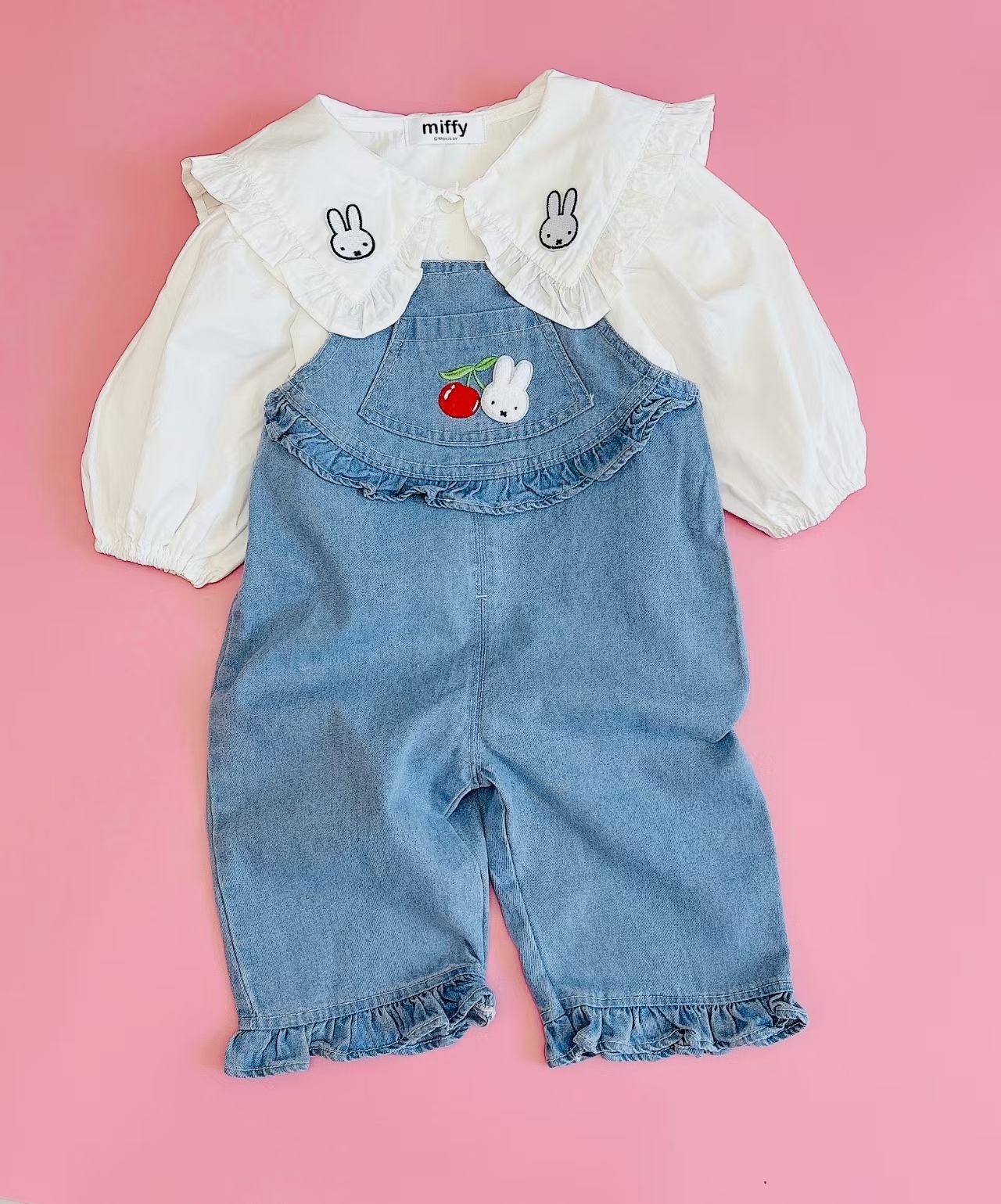 🐰𝐌𝐢𝐟𝐟𝐲 櫻桃花邊牛仔背帶長褲