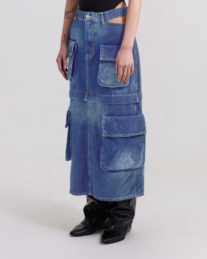 Silver 9 露腰cargo後開叉丹寧裙 (藍)