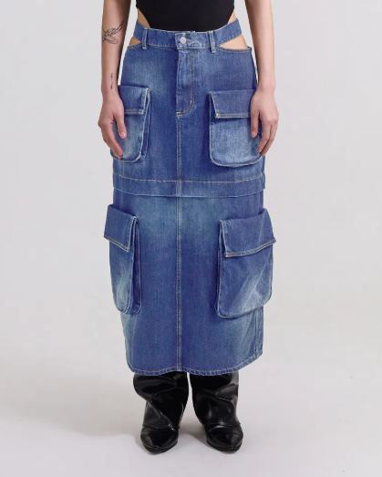 Silver 9 露腰cargo後開叉丹寧裙 (藍)