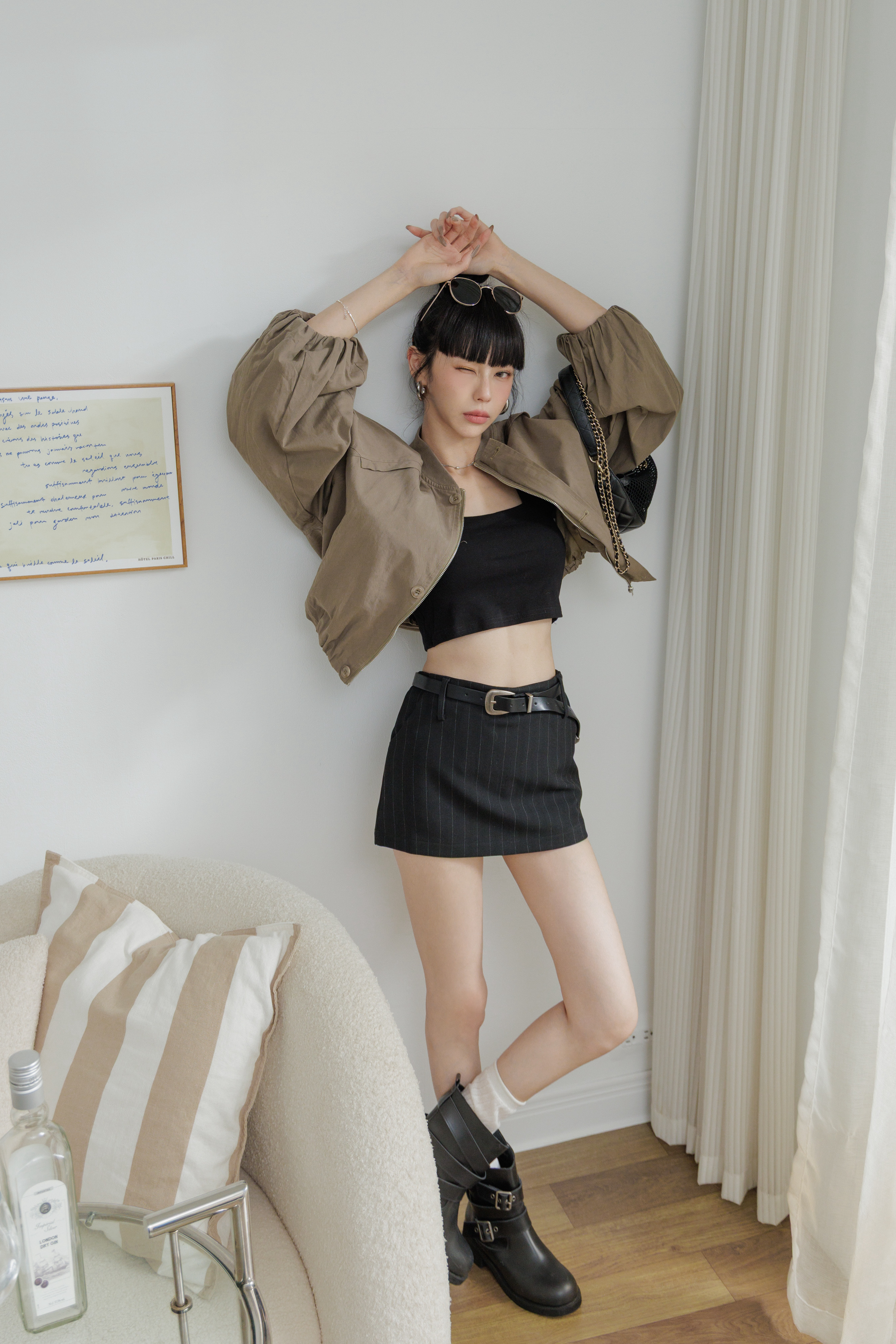 (現貨) 附皮帶歐美博主條紋短裙 K35