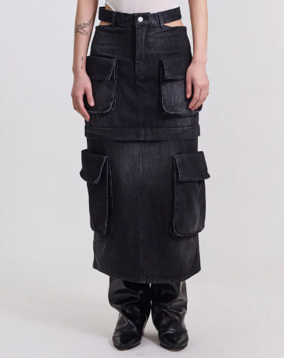 Silver 9 露腰cargo後開叉丹寧裙 (黑)