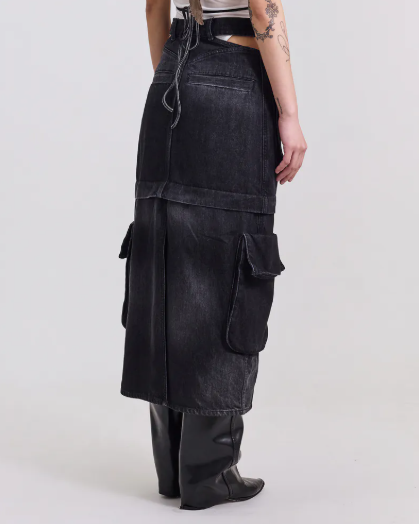 Silver 9 露腰cargo後開叉丹寧裙 (黑)