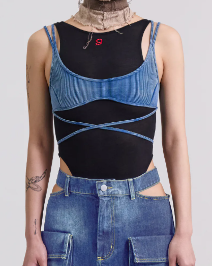 Silver 9 洗舊雙肩綁帶短背心 (藍)