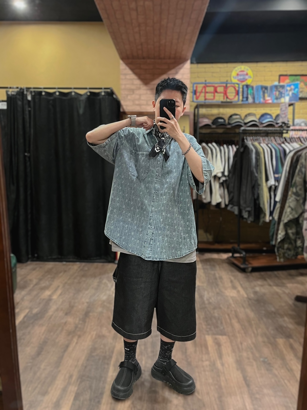 復古花卉條紋水洗襯衫