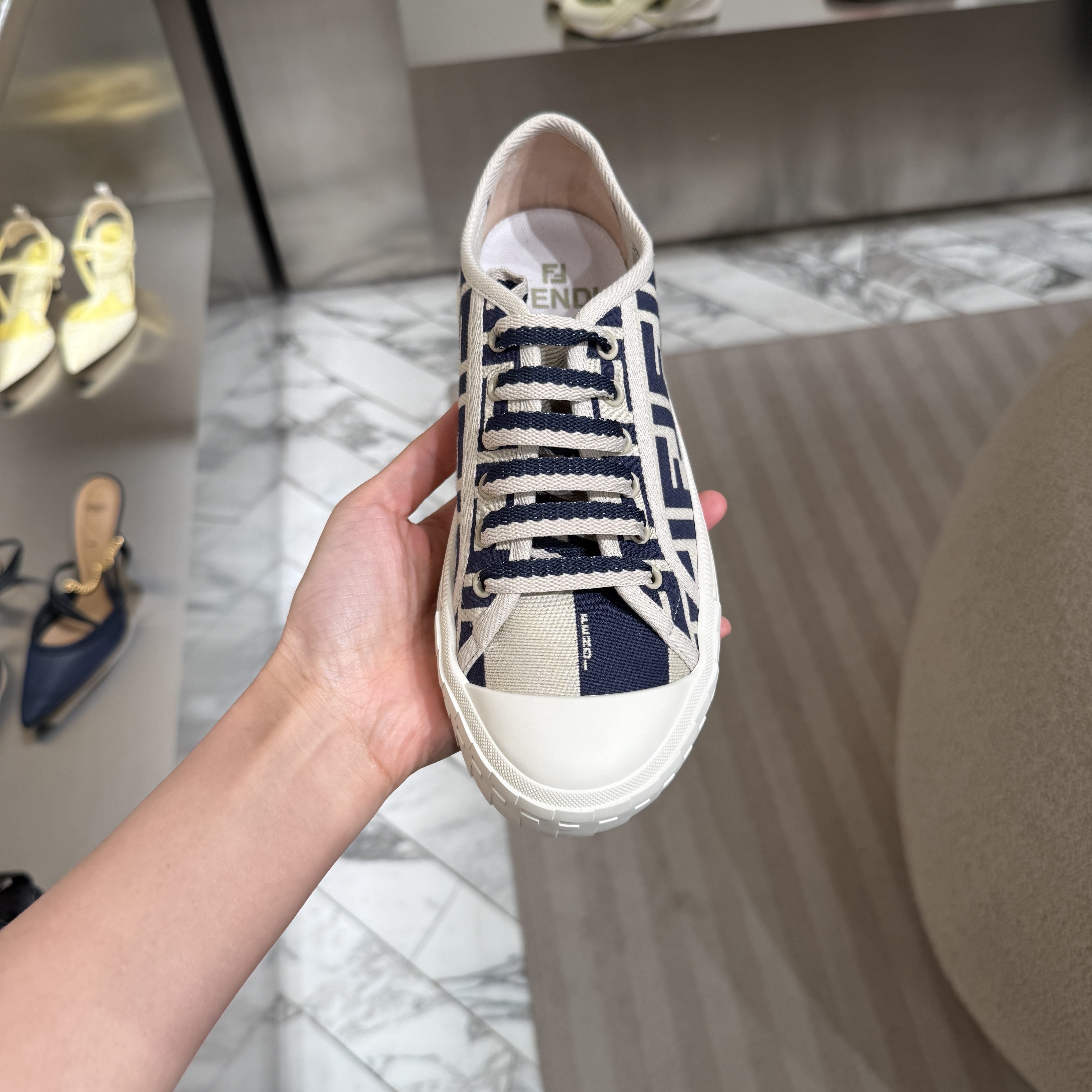 Fendi FF logo low top canvas sneakers navy beige