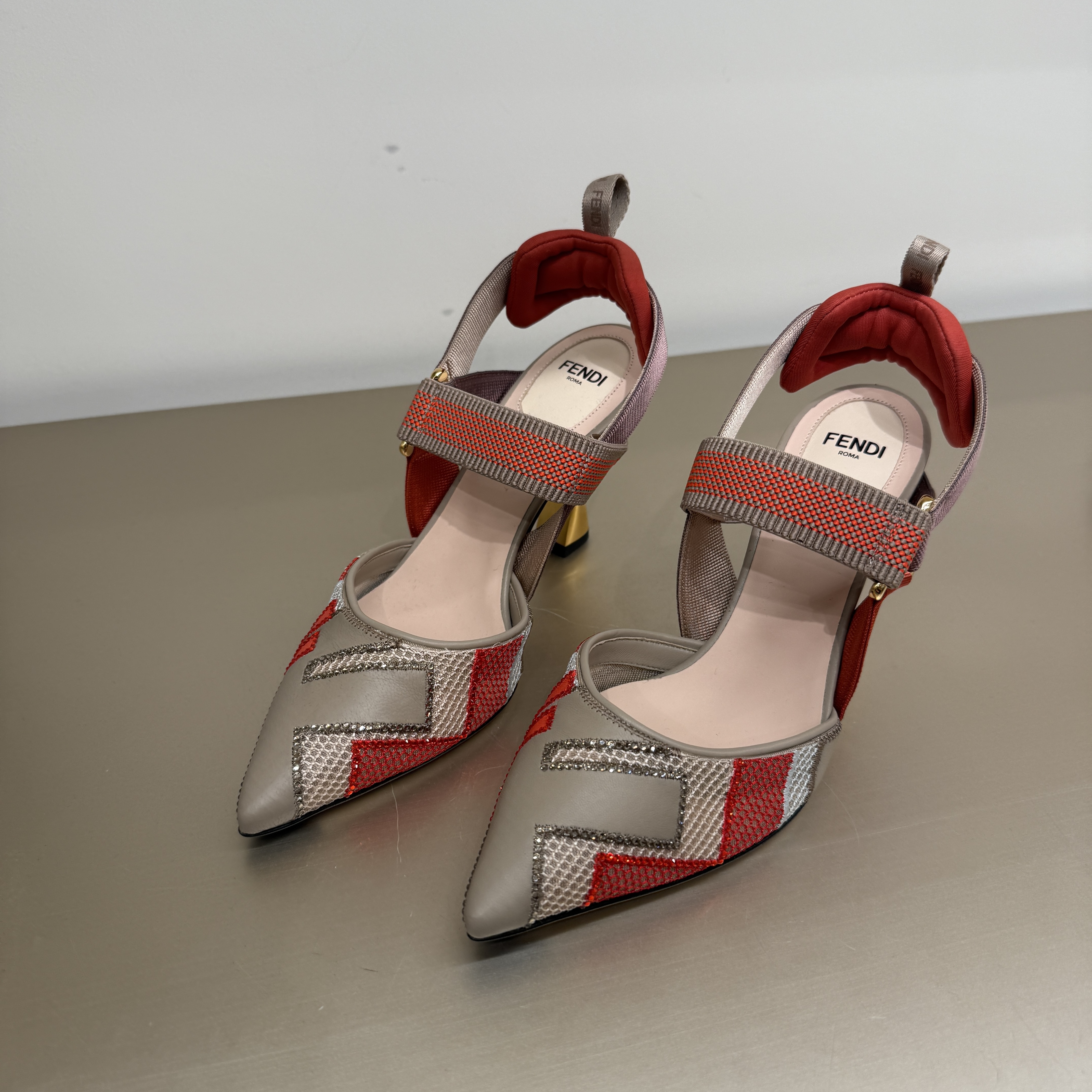 Fendi FF logo Patch Sling back heels Orange Brown