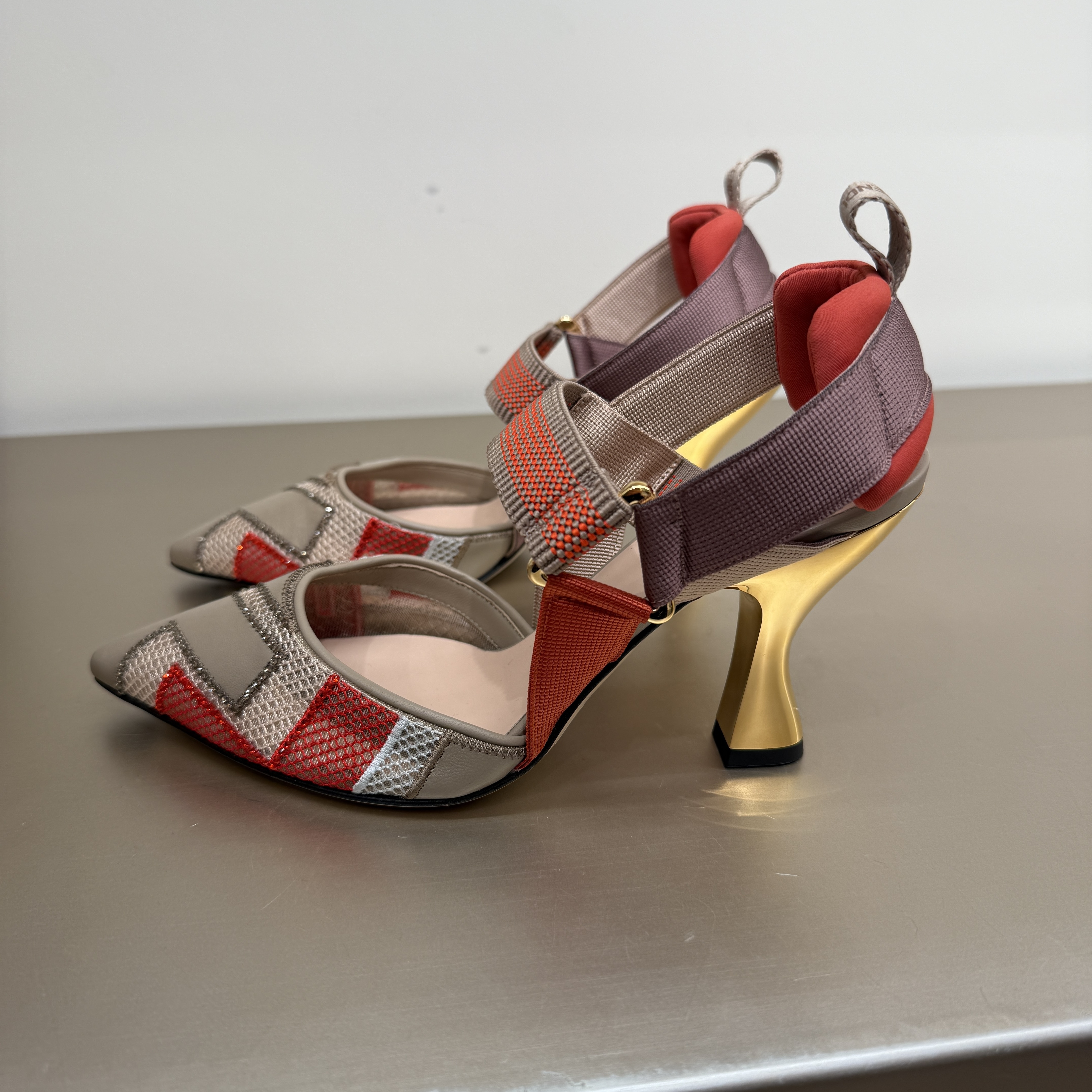 Fendi FF logo Patch Sling back heels Orange Brown