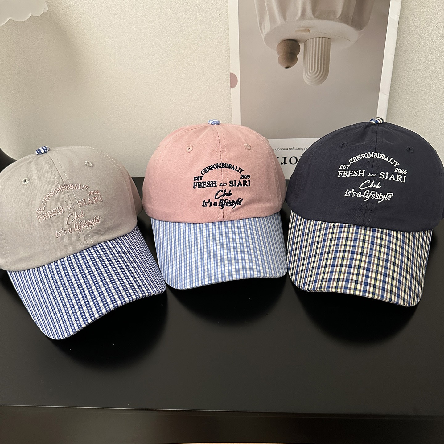 Letter Embroidery Color-Block Plaid Baseball Cap