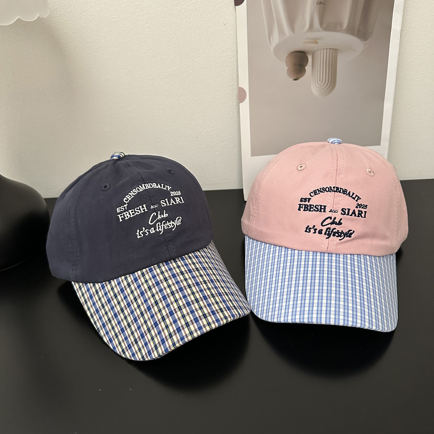 Letter Embroidery Color-Block Plaid Baseball Cap