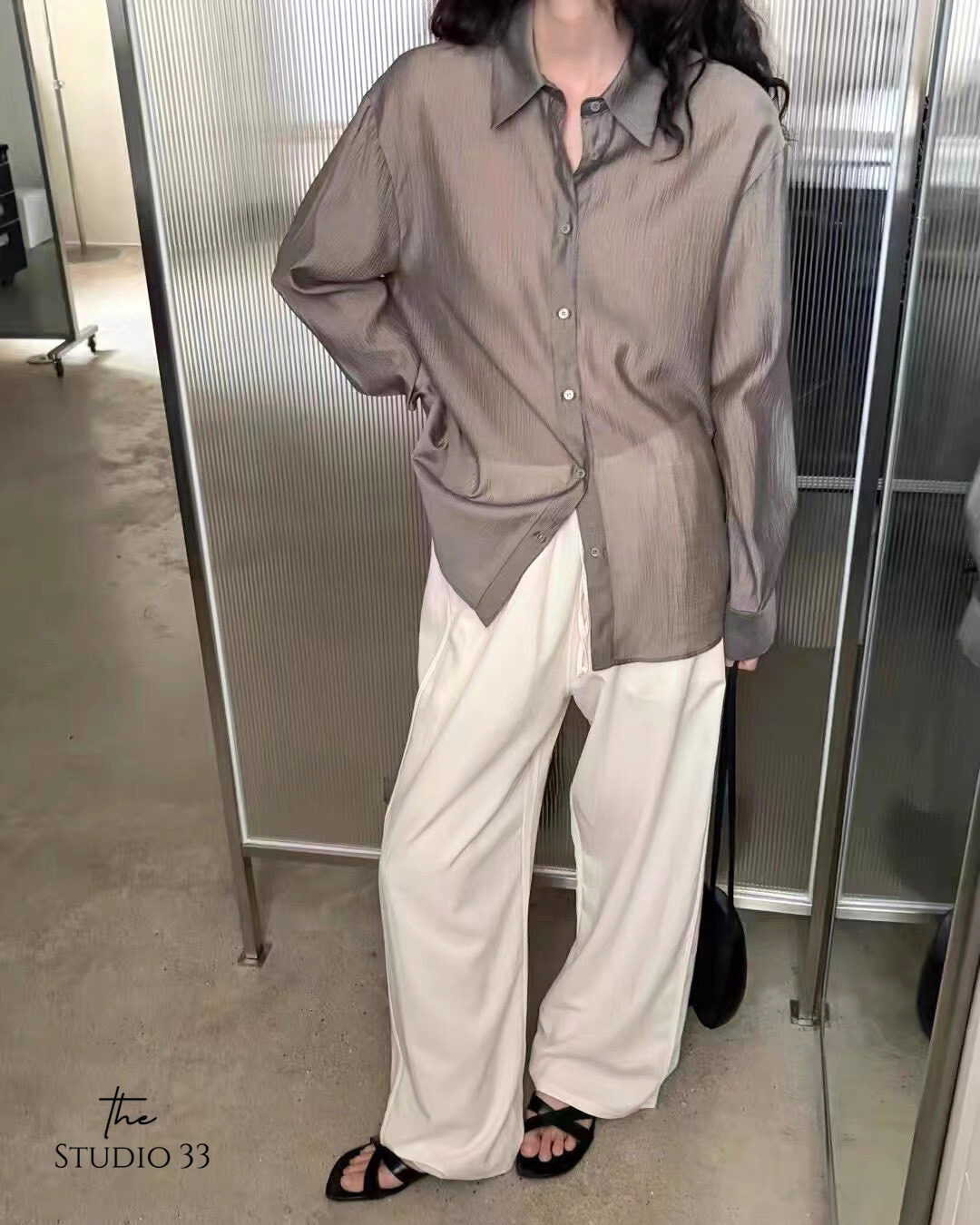 輕薄波紋絲質設計長袖襯衫