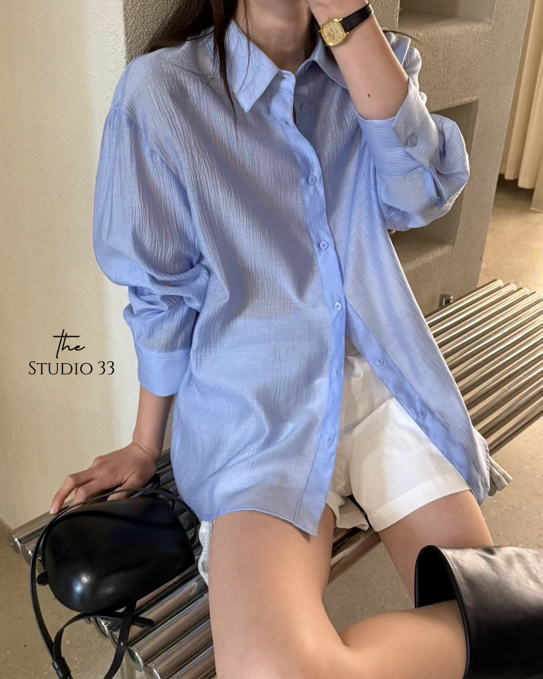 輕薄波紋絲質設計長袖襯衫