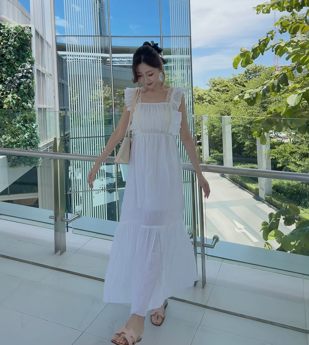 MADE IN THAILAND🇹🇭100％ COTTON - PLAIN WHITE CROCHET SQUARE COLLAR ONE PIECE 0812