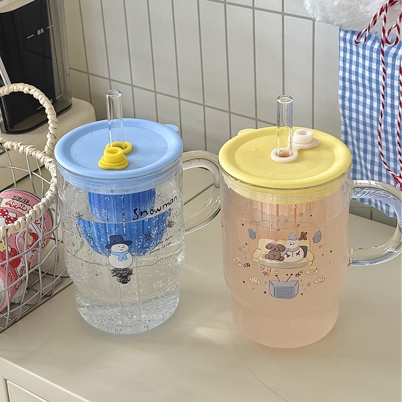 《6187》INS風雪人玻璃吸管杯(970ml)