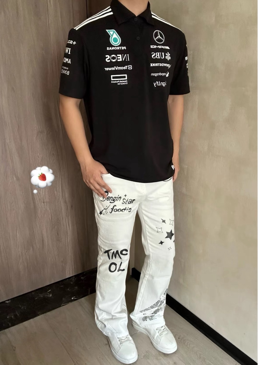 adidas x MERCEDES-AMG PETRONAS F1 TEAM 黑白 配色 LOGO條紋 時尚短袖 Polo衫 男款Aug25