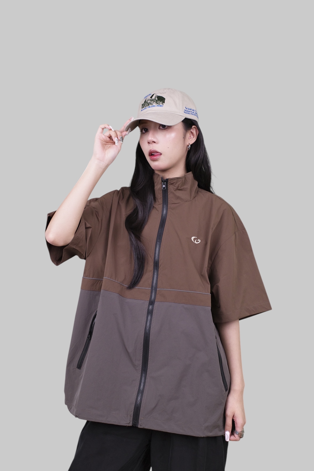 『Always_Good』撞色 刺繡 拉鍊 縮腰 短袖襯衫