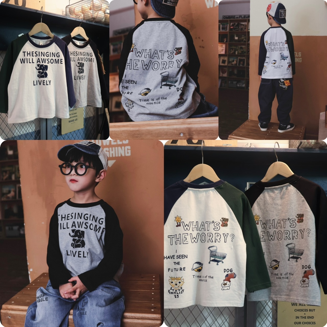 日系兒童前印小象拼色牛角袖薄款長袖衫-2502050