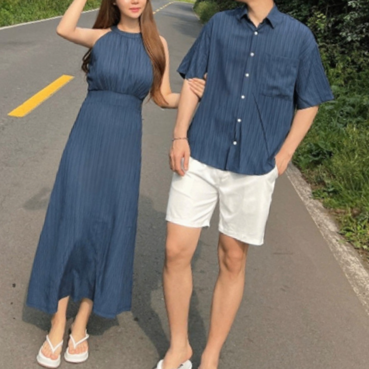 沁涼皺褶情侶裝（男款襯衫 / 女款露肩長洋）