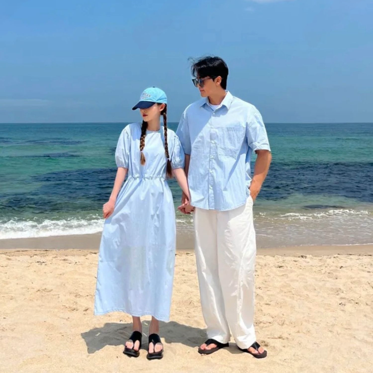 日常氣質情侶穿搭組（泡泡袖連身裙X寬鬆襯衫）