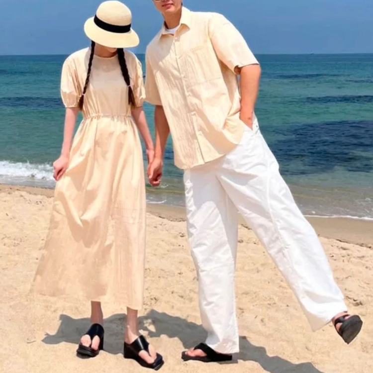 日常氣質情侶穿搭組（泡泡袖連身裙X寬鬆襯衫）