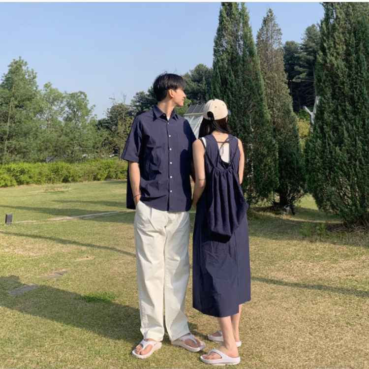 青春沁涼情侶穿搭組（無袖吊帶連身裙X寬鬆襯衫）