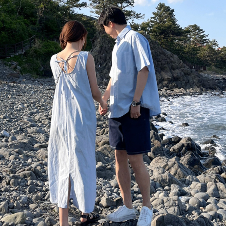 青春沁涼情侶穿搭組（無袖吊帶連身裙X寬鬆襯衫）