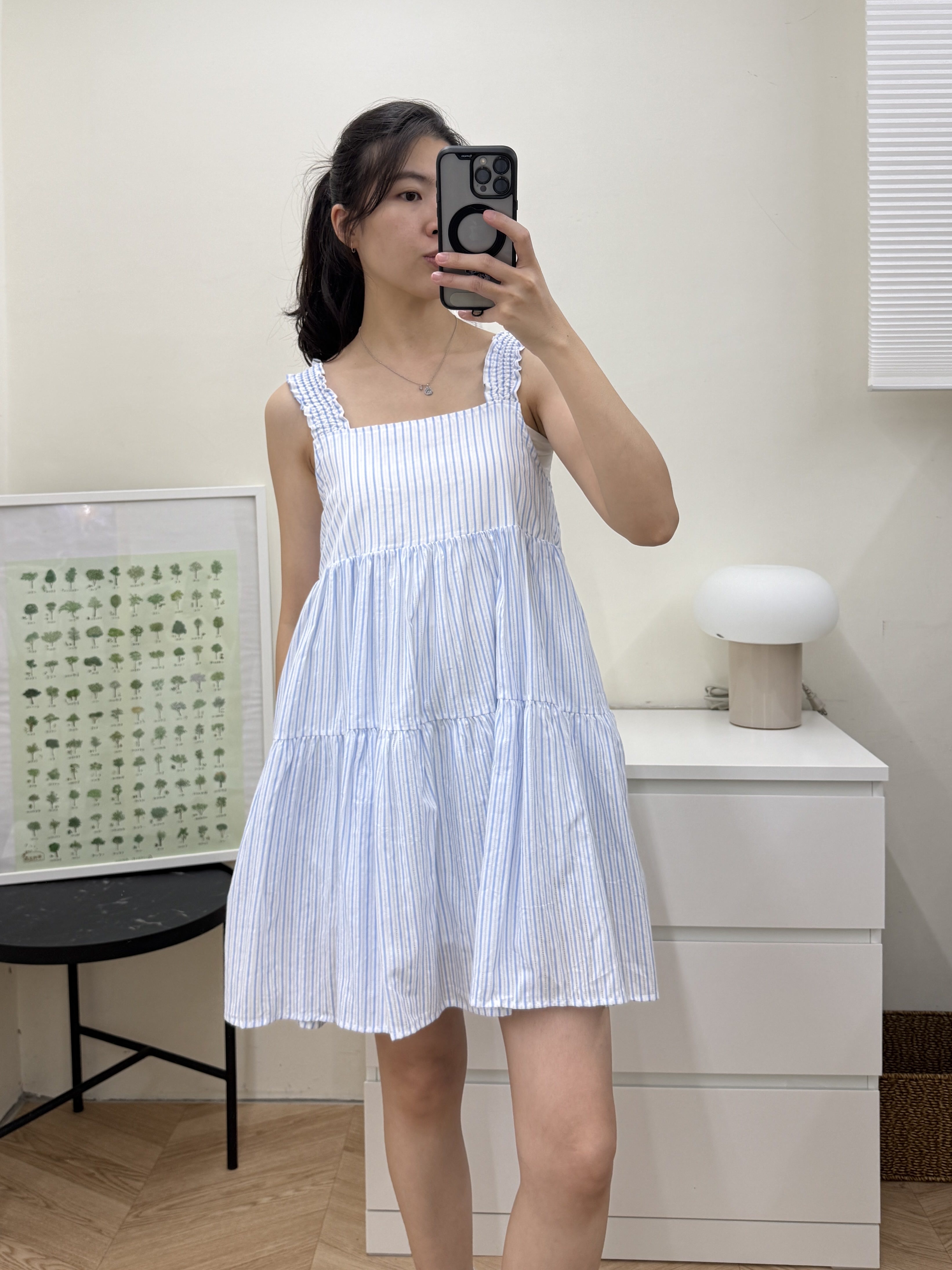 彈性粗肩帶條紋小洋裝