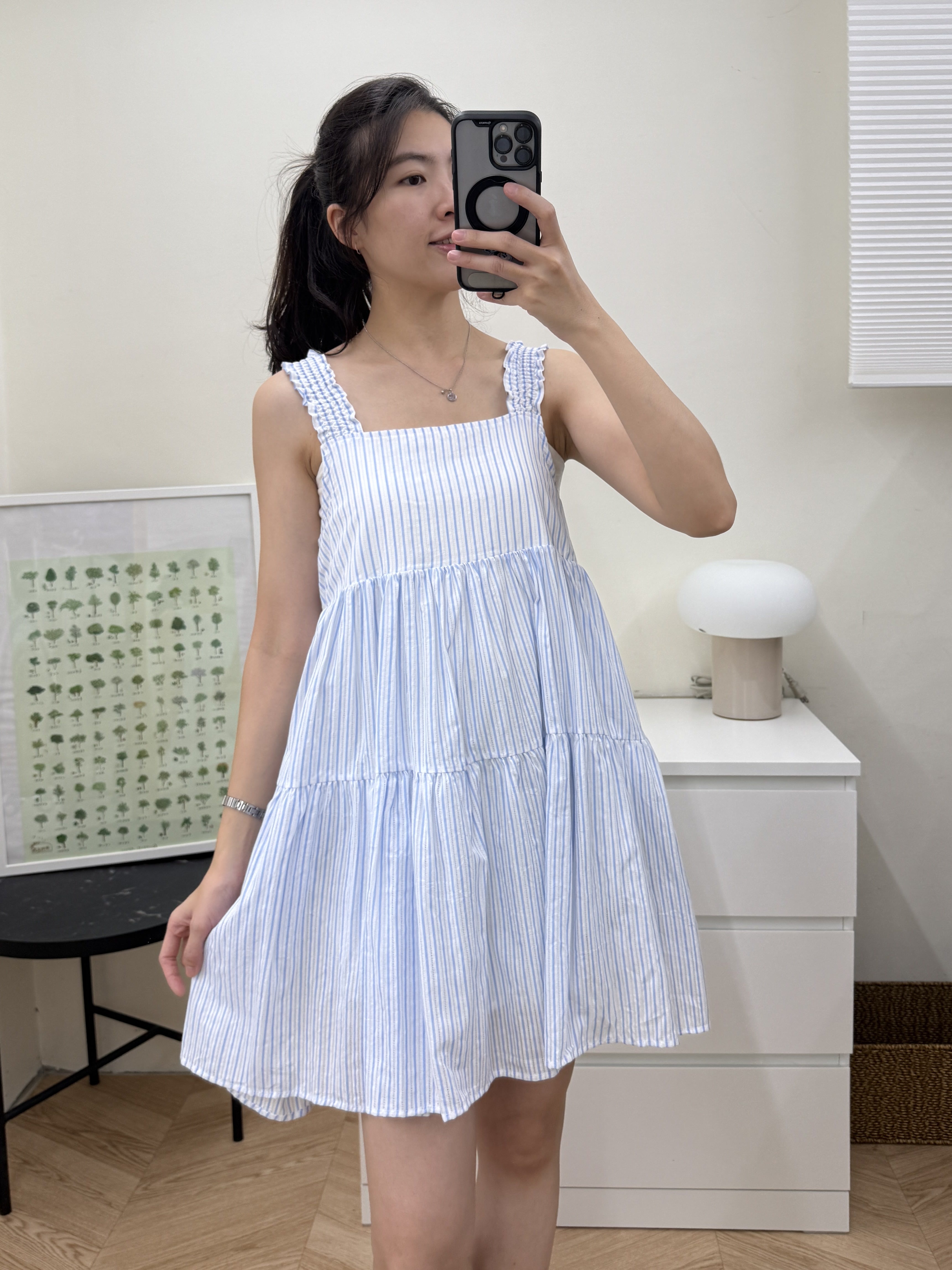 彈性粗肩帶條紋小洋裝