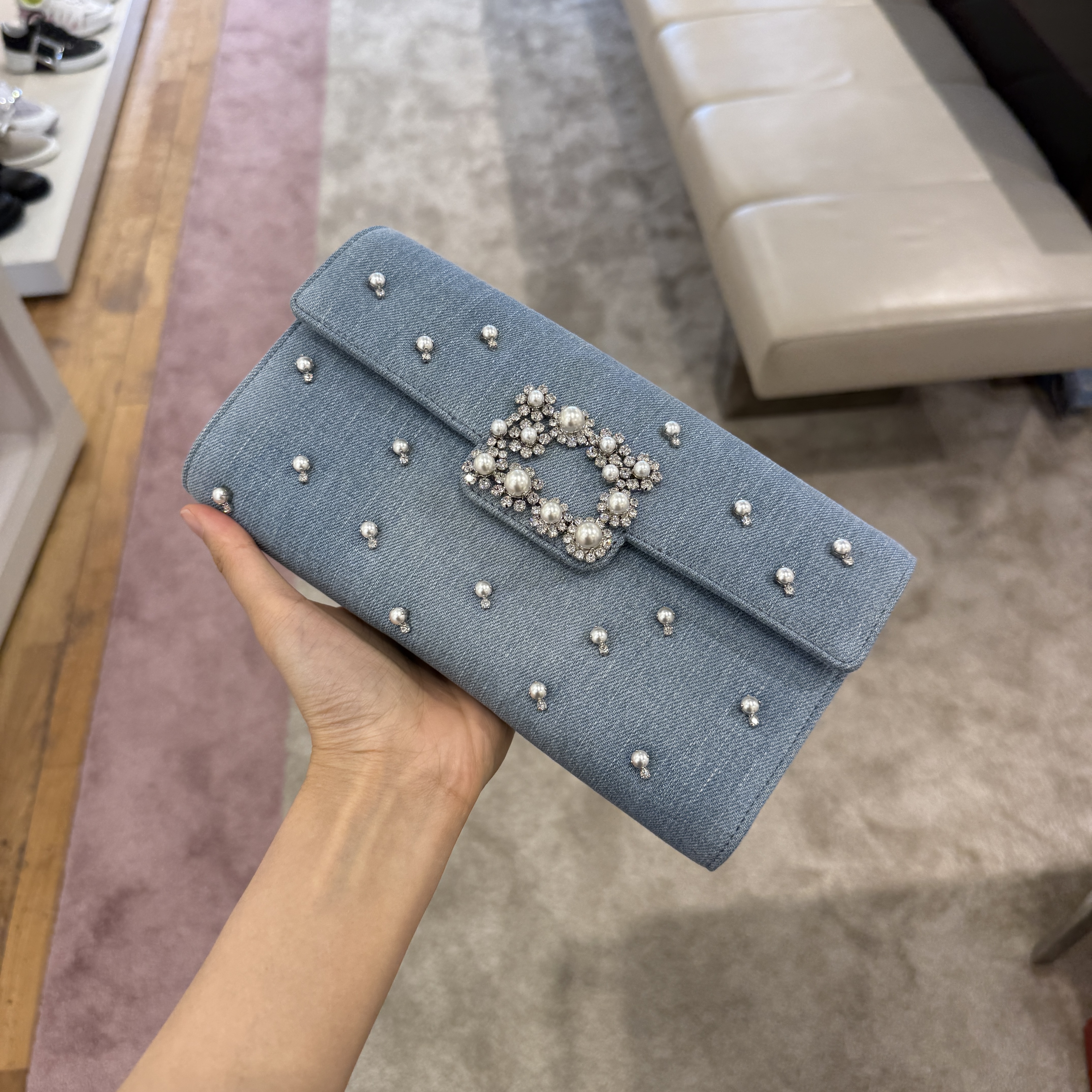 Roger Vivier RV Bags Denim Pearl Clutch bag Blue