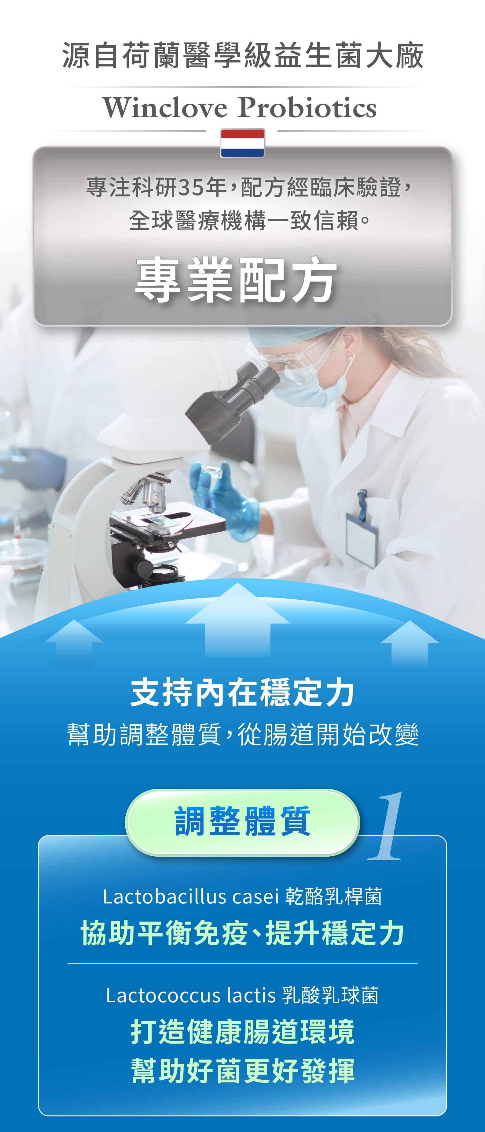 源自荷蘭醫學級益生菌大廠 Winclove Probiotics，專注科研35年，配方經臨床驗證，全球醫療機構一致信賴，專業配方，支持內在穩定裡，幫助調整體質，從腸道開始改變。調整體質：Lactobacillus casei 乾酪乳桿菌：協助平衡免疫、提升穩定力。Lactococcus Lactis 乳酸乳球菌：打造健康腸道環境，幫助好菌更好發揮。