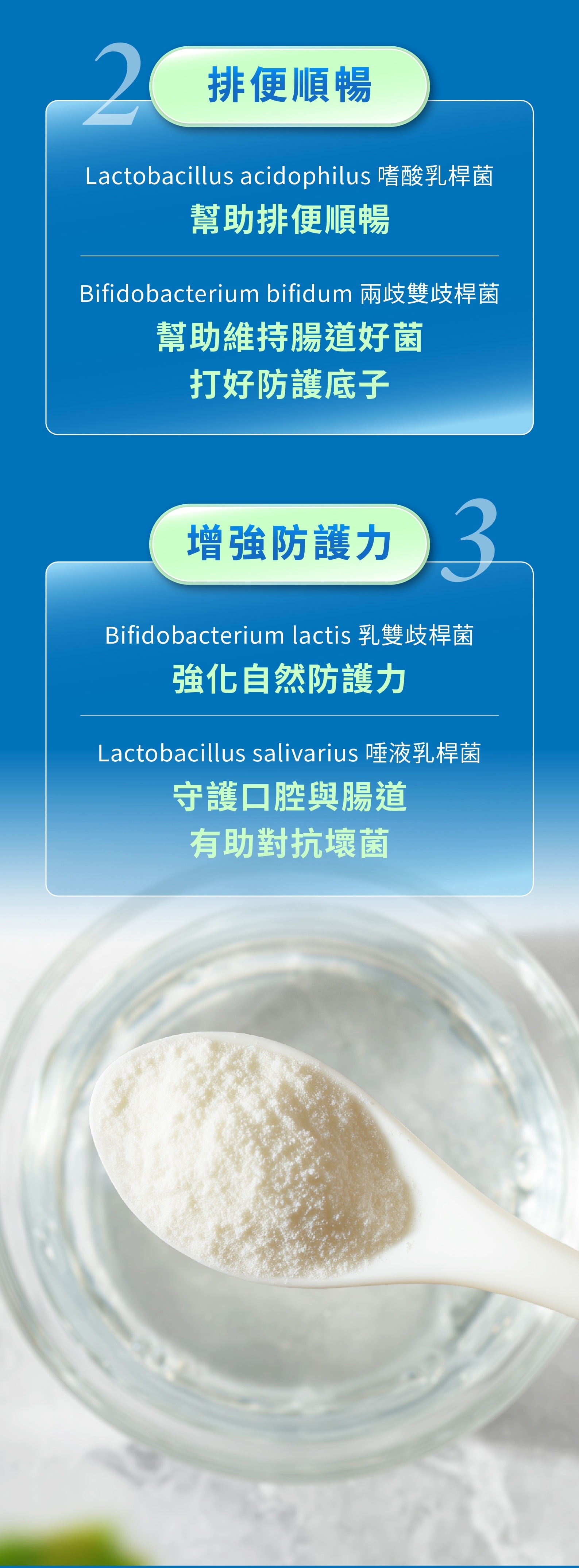 排便順暢：Lactobacillus acidophilus 嗜酸乳桿菌：幫助排便順暢。Bifidobacterium bifidum 兩歧雙歧桿菌：幫助維持腸道好菌、打好防護底子。增強防護力：Bifidobacterium lactis 乳雙歧桿菌：強化自然防護力。Lactobacillus salivarius 唾液乳桿菌：守護口腔與腸道，有助對抗壞菌。