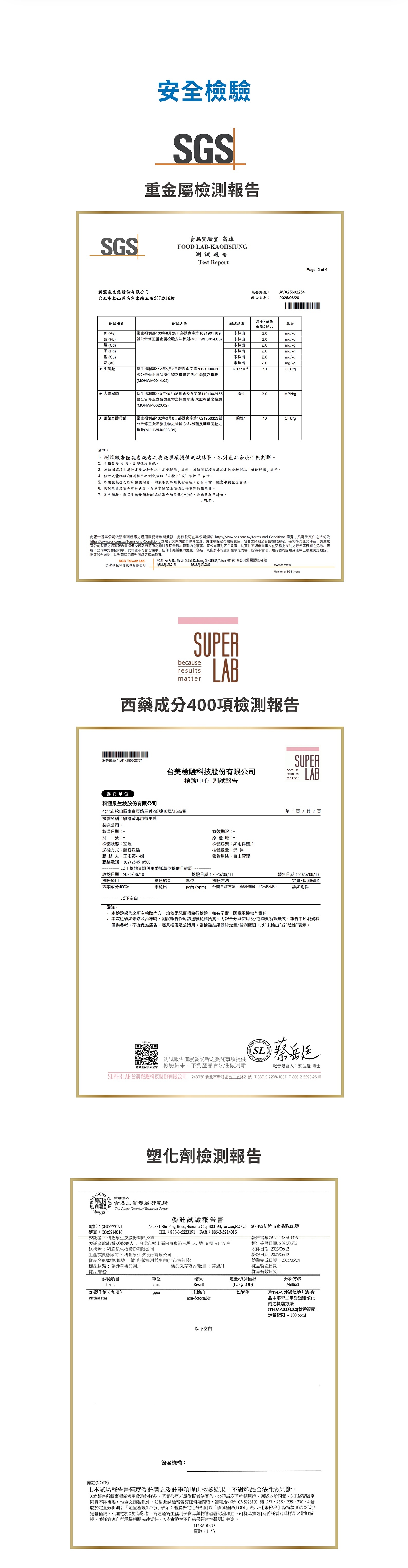 安全檢驗：SGS重金屬檢測合格，SUPER LAB 西藥成分400項檢測合格，塑化劑檢測合格。