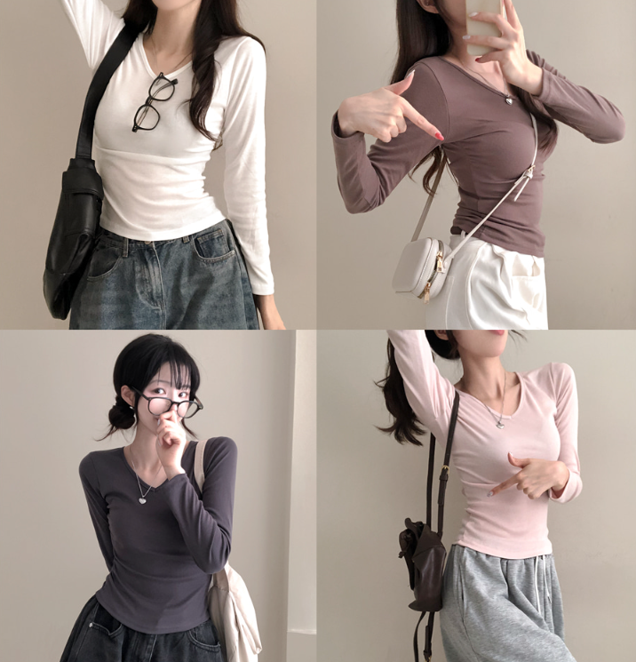 早秋預訂｜日常側褶V領長袖T 恤